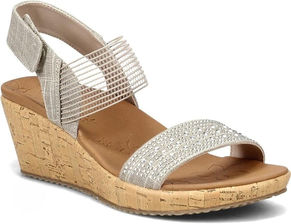 Skechers Womens 5.5 Beverlee Pretty Chic Sparkle Rhinestone Silver Wedge Sandals